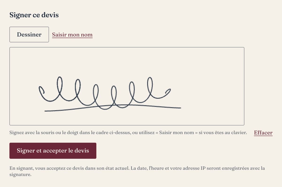 Page de signature d’un devis, avec une signature tracée à la main